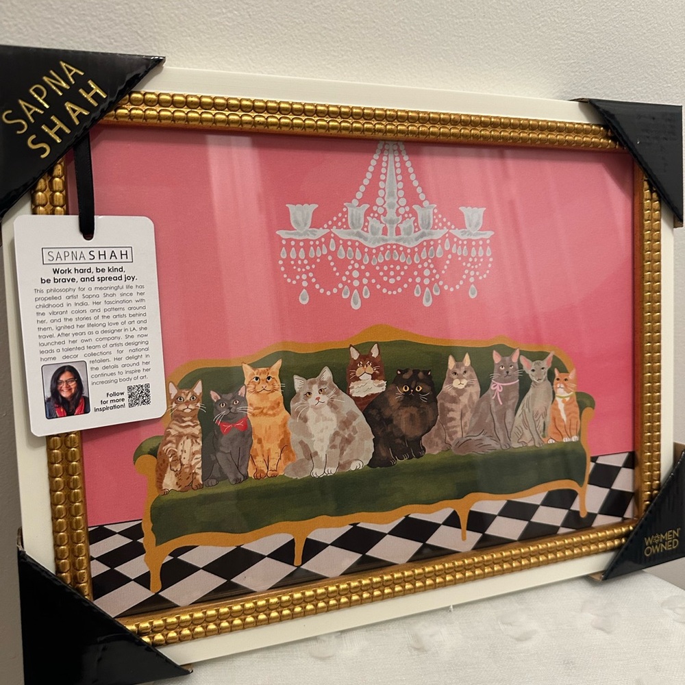 Sapna Shah Royal Cats on Sofa under Chandelier Gold/Cream Framed Wall Art